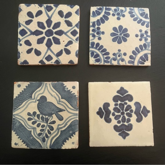Mexican Hand Painted Terra-Cotta Talavera Vintage Tiles Set of 4 - Picture 1 of 16